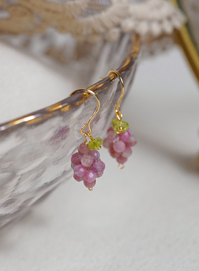 小众设计感粉碧玺橄榄石耳环14k包金甜美少女耳钩温柔耳饰女50269
