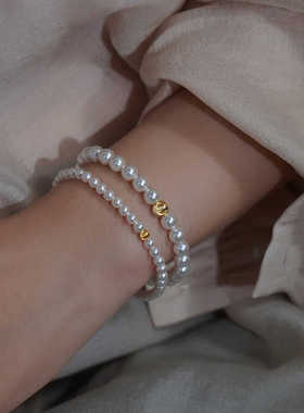 小众设计拉丝猫眼金球小珍珠手串简约通勤百搭手链叠戴手环40462