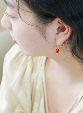 新中式复古简约气质红玛瑙桶珠耳钩14k包金耳挂时尚耳环女510166