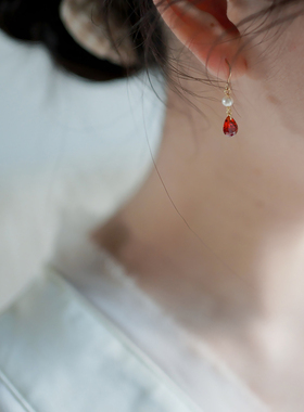 yeajewel复古红水滴珍珠耳环14k包金耳钩气质送礼物耳饰小众21124