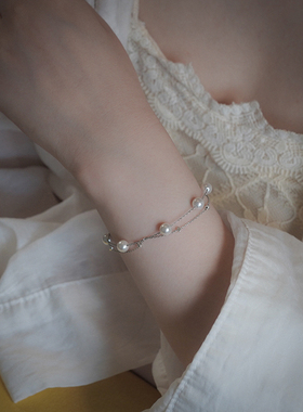 yeajewel手作碎银子六颗珍珠双层手链简约气质小众手串925银30547