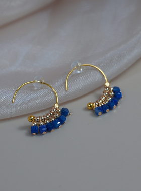 法式优雅水晶蓝晶石方糖耳挂925纯银轻奢小众耳圈复古耳环女50240