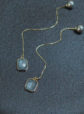 蓝色方形冰锆珍珠耳线流苏长耳环耳饰925纯银复古轻奢配饰女91082