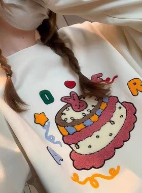 韩国潮牌春秋卫衣女蛋糕毛巾绣圆领宽松长袖韩版小众女情侣上衣女