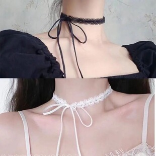 日韩黑色蕾丝绑带choker暗黑蝴蝶结锁骨项链性感长款颈带百搭项圈