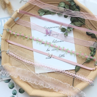 超仙蕾丝choker颈链新款甜美粉色蝴蝶珍珠吊坠夏季锁骨链项链女