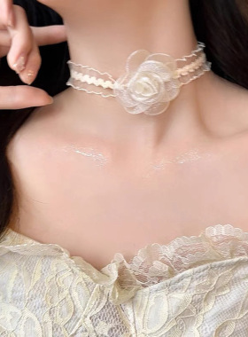 仙女风新款薄纱山茶花项链短款锁骨链choker玫瑰花朵项圈颈链珍珠