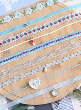 蓝色甜美蕾丝choker项圈民族风刺绣花朵锁骨链小众设计感项链配饰