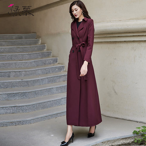 2026春秋新款女士风衣双排扣时尚修身长款过膝酒红色外套简约休闲 - 封面