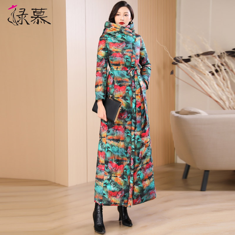 绿慕时尚花色长款过膝立领羽绒服