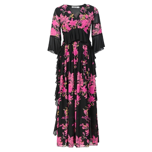 法式浪漫印花连衣裙女夏季2026新款高级感收腰显瘦气质到脚踝长裙