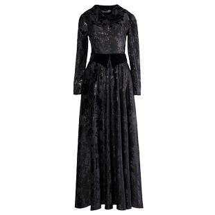 黑色连衣裙女长款2025春季新款今年流行高级植绒拼接气质修身长裙