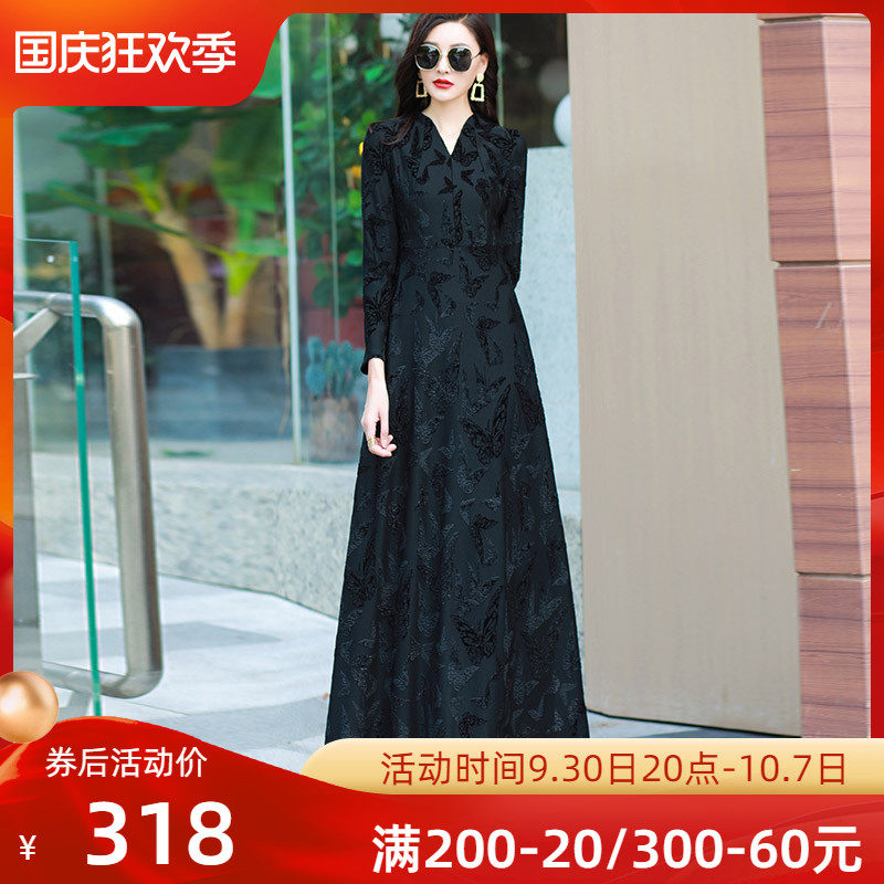 2022年秋冬新款黑色收腰连衣裙女高级感植绒提花大摆超长裙到脚踝