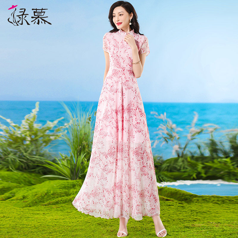 温柔风红色小碎花雪纺大摆连衣裙女2026年夏季新款气质长裙到脚踝