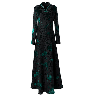 2026春春秋新款绿色提花连衣裙长袖修身显瘦高档气质超长大摆裙