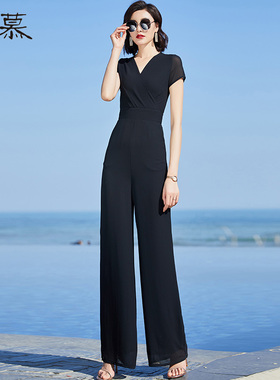 黑色连体裤2025年新款女夏气质高腰显瘦阔腿裤垂感连体衣套装女
