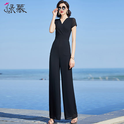 黑色连体裤2025年新款女夏气质高腰显瘦阔腿裤垂感连体衣套装女