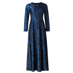 蓝色连衣裙女长袖2026春秋新轻奢刺绣提花气质修身显瘦高级感长裙