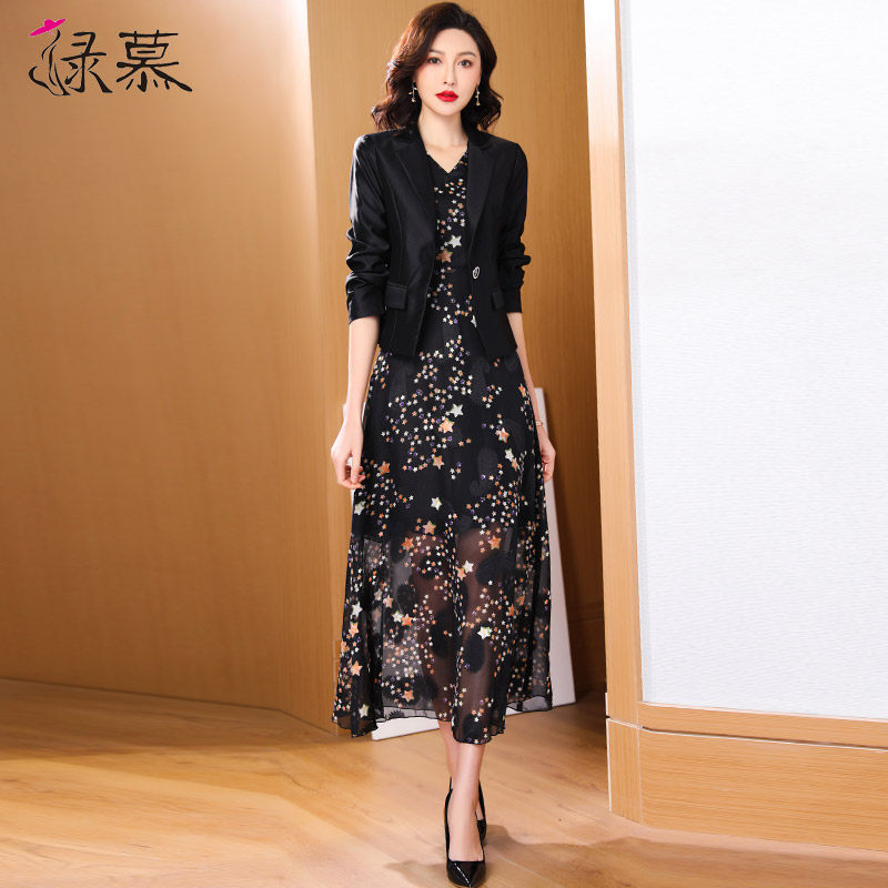 2026年新款春夏气质减龄小西装外套女雪纺印花连衣裙套装两件套