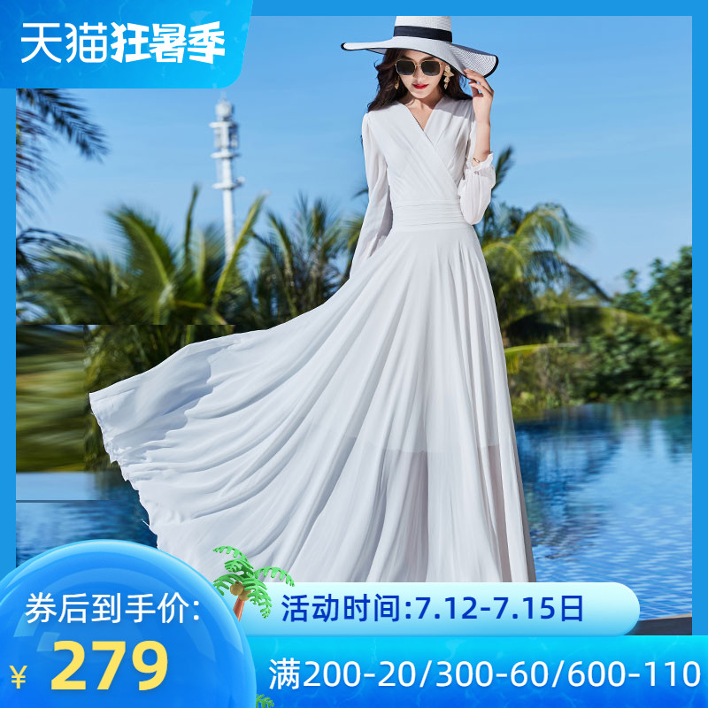 雪纺连衣裙2022春装新款气质V领优雅大摆收腰修身显瘦淑女夏长裙