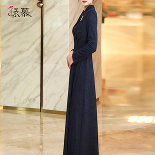 高级感长袖 贵夫人气质藏蓝色遮肉显瘦长裙 连衣裙2025秋冬新款