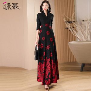 时尚黑色提花长袖连衣裙女长款2026春春秋收腰气质显瘦到脚踝长裙