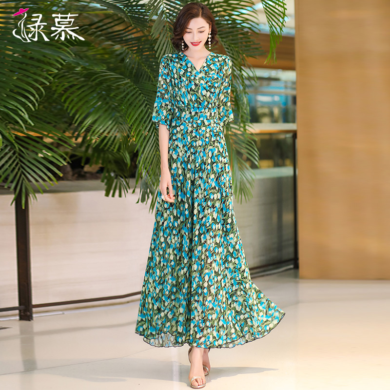 绿慕时尚优雅大摆印花沙滩长裙