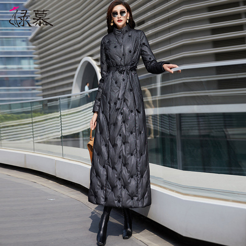 2021年冬季新款气质时尚格子羽绒服女长款立领收腰显瘦白鸭绒外套