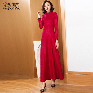 喜婆婆婚宴装红色连衣裙修身2026春春秋新款气质长裙到脚踝