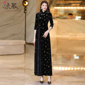 贵夫人气质丝绒连衣裙长袖2025春秋新款新中式国风改良气质长裙