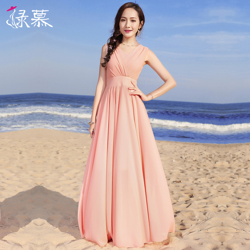 绿慕2024夏季领长款摆雪纺连衣裙