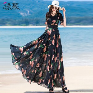 雪纺连衣裙女2026年新款夏季印花大摆长款到脚踝遮肉显瘦长裙子