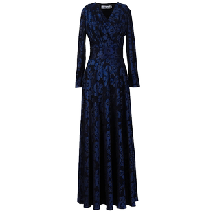 高级感藏蓝色精致提花连衣裙显瘦女2025春春秋新款大摆长裙到脚踝