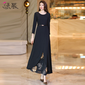 高级感假两件长袖连衣裙2026春秋新款轻奢遮肚显瘦裙子女气质长裙