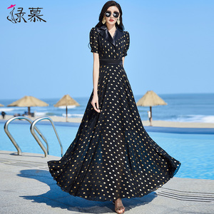 黑色雪纺连衣裙女夏2026时尚西装领大摆遮肉显瘦收腰长裙到脚踝