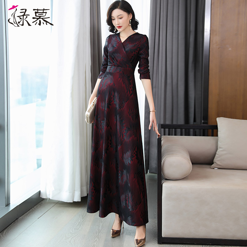 绿慕复古暗酒红色大摆收腰长裙