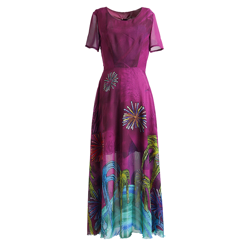 紫色雪纺印花连衣裙绿慕过膝长裙