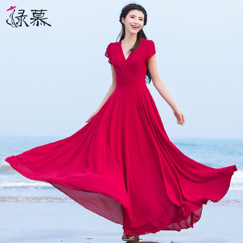 绿慕修身风超长款波西米亚连衣裙