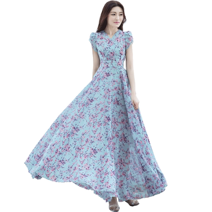 2025夏季新款碎花连衣裙淑女短袖V领长款大摆修身显瘦雪纺长裙女