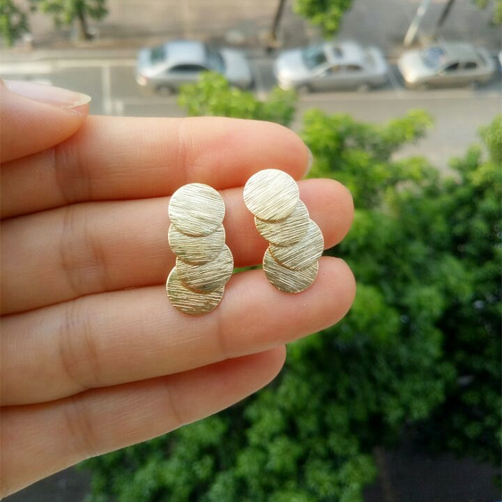 奢华S925纯银针金属拼接拉丝圆片耳环复古百搭气质名媛个性耳钉潮