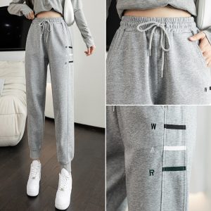 RM22032#刺绣休闲卫裤女2023秋季新款韩版不对称宽松腰哈伦萝卜束脚裤