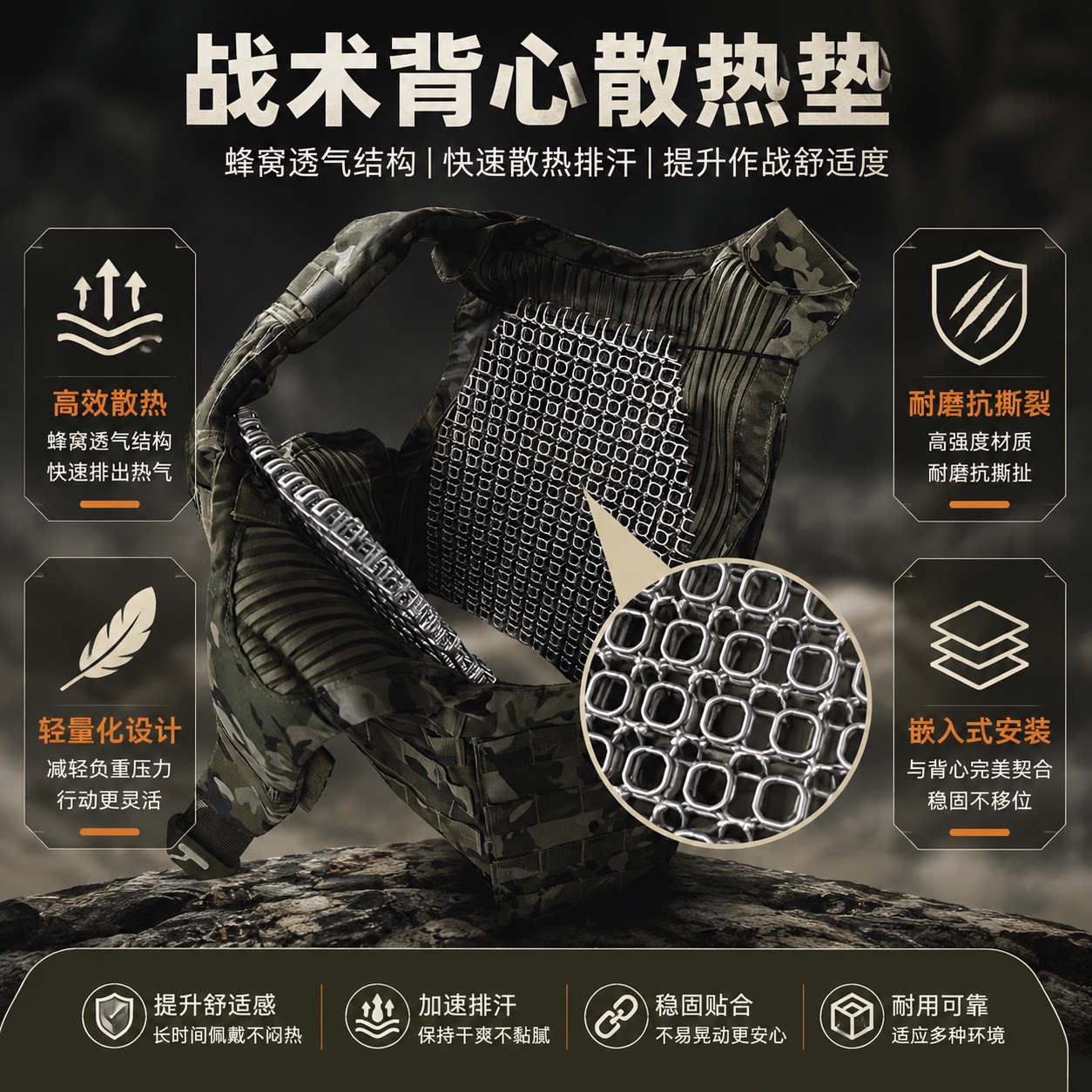 战术背心透气散热垫蜂窝结构快速排汗装具隔热垫轻量化户外护具