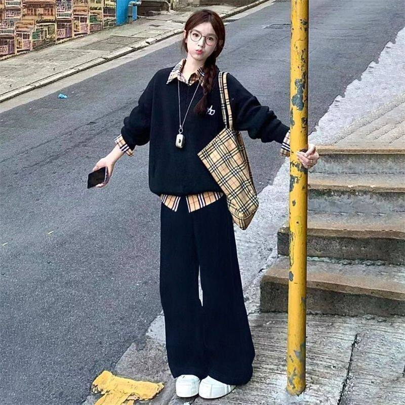 韩系穿搭一整套学院风小个子黑色针织套头毛衣女学生叠穿格纹衬衫