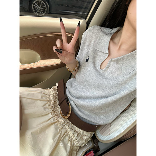 巴卜Studio灰色针织polo衫夏季新款宽松百搭T恤简约时尚短袖上衣