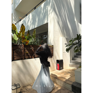 巴卜Studio纯色百褶裙女春夏季新款压褶肌理感半身裙百搭垂感裙子