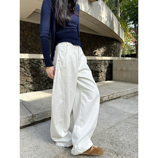 百搭宽松阔腿长裤 巴卜Studio 遮肉显瘦直筒裤 女春季 白色弯刀裤