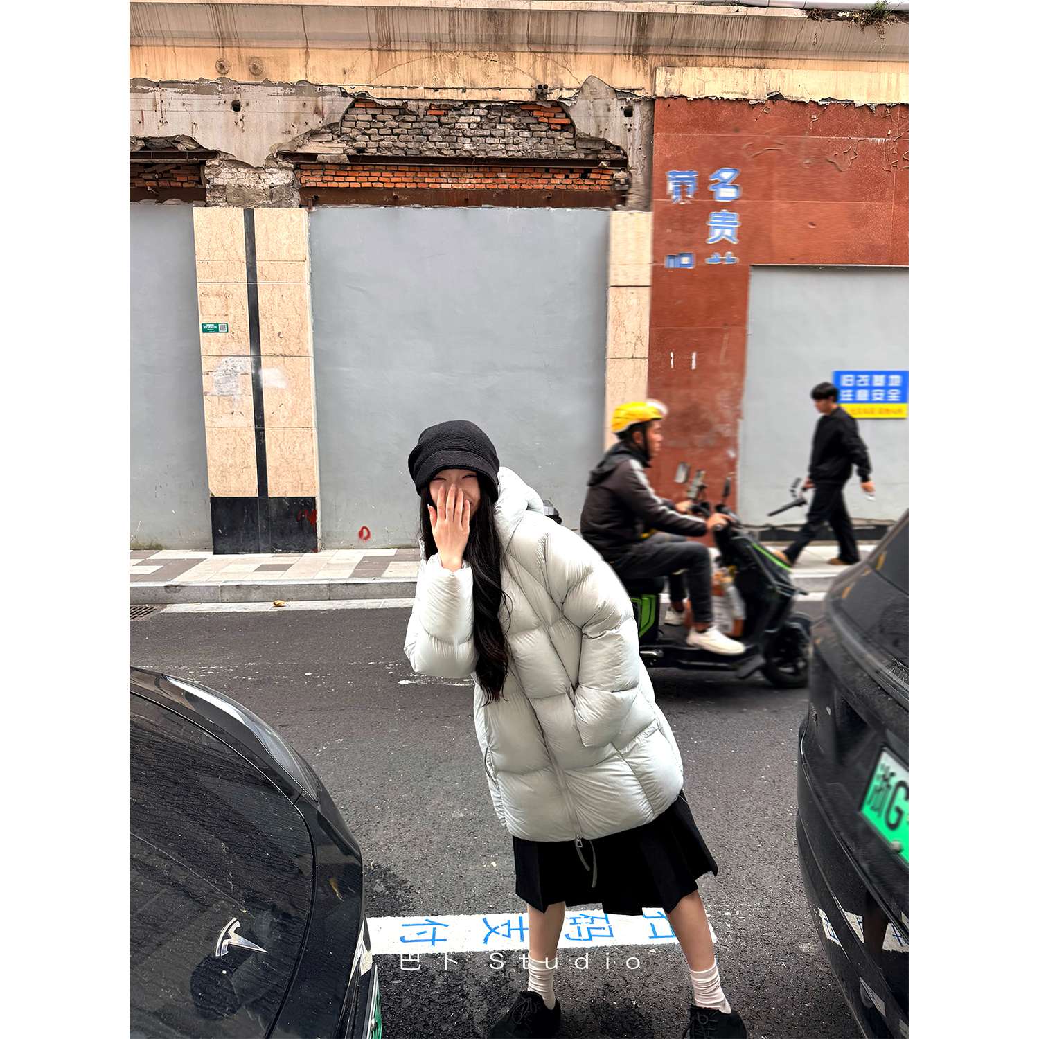 巴卜Studio 白鸭绒连帽中长款羽绒服女冬季新款韩版时尚保暖外套