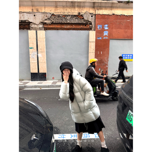 巴卜Studio 白鸭绒连帽中长款羽绒服女冬季新款韩版时尚保暖外套