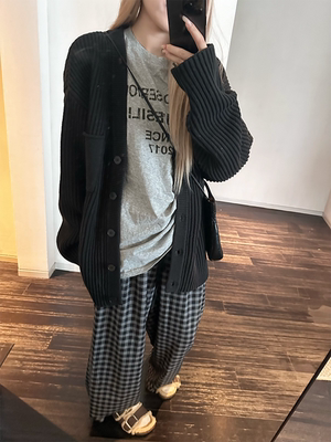 黑色v领针织开衫毛衣外套