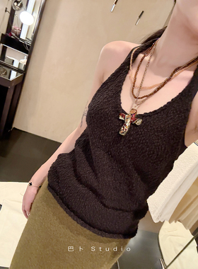 巴卜Studio 咖色v领挂脖针织吊带背心秋季新款简约内搭打底上衣